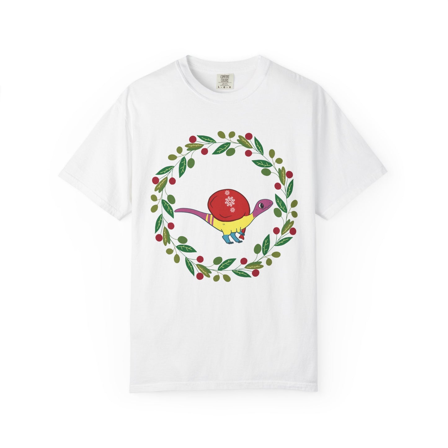 Pansexual Pride Holiday Coelophysis T-Shirt - Festive Wreath Edition