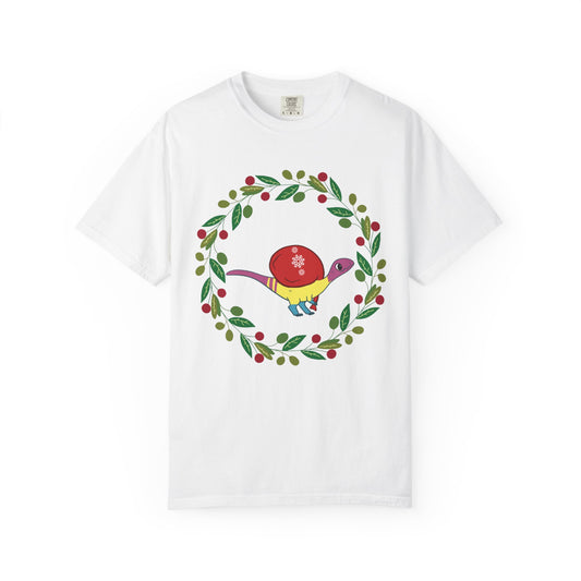 Pansexual Pride Holiday Coelophysis T-Shirt - Festive Wreath Edition
