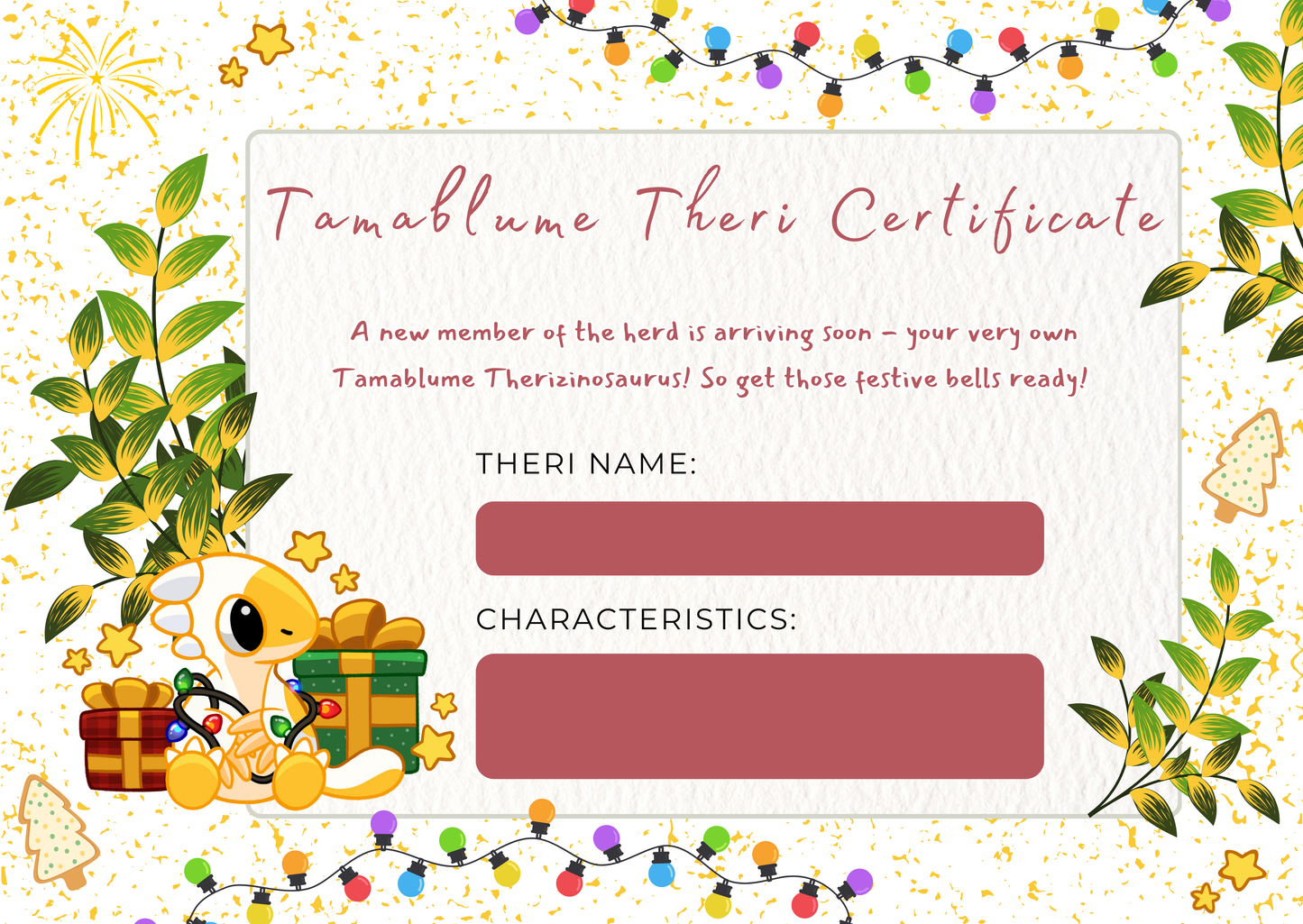 Certificate for Limited Edition Tangled Tamablume Therizinosaurus