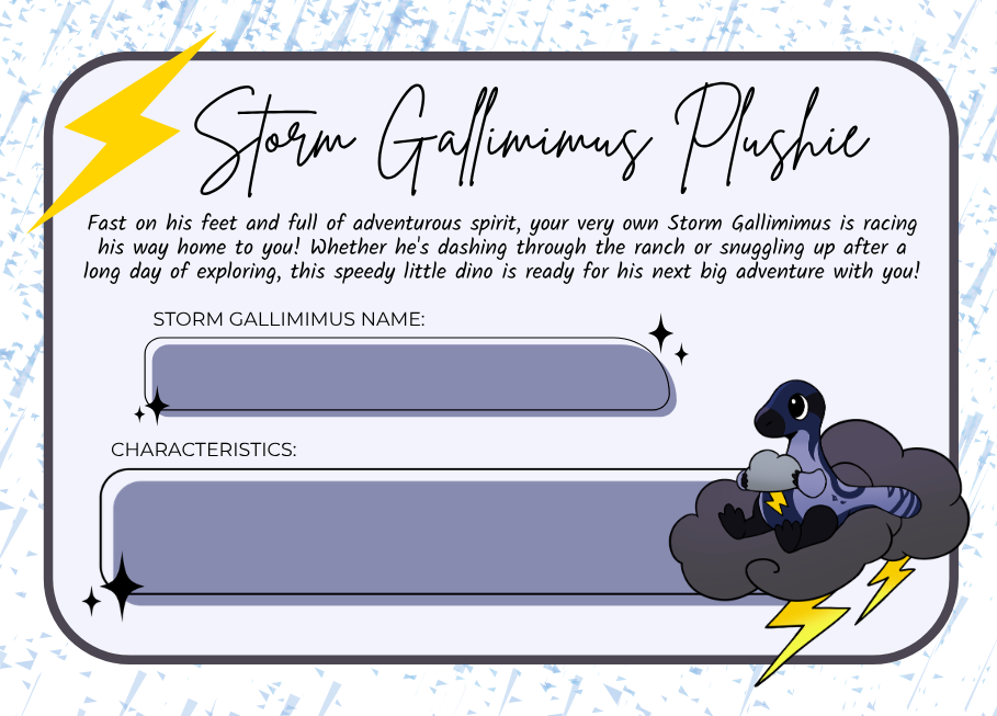 FREE! 💜💛  Cumulonimbus the Storm Gallimimus Welcome Home Certificate